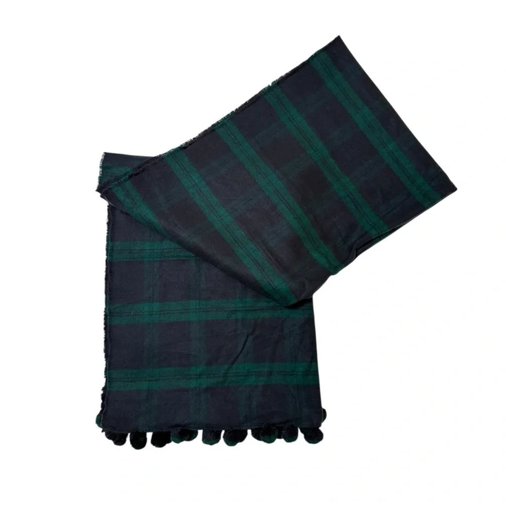 J. Crew Oversize Pom Pom Black Watch Tartan Plaid Scarf